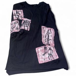 Black Graphic Tank Top with light Pink Patch Accents